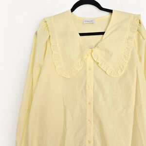 Evelyn Ruffle Collar Cotton Button Up Light Yellow Top, L